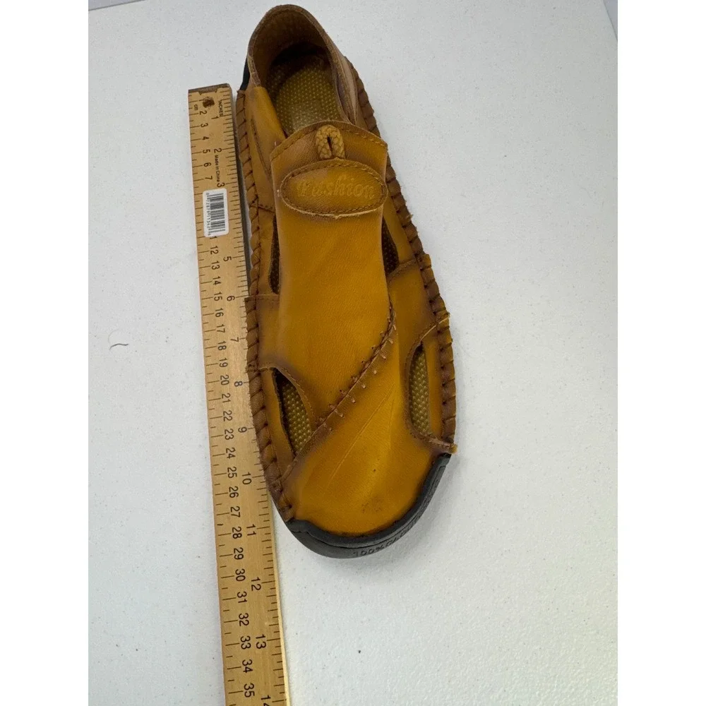 Fashion Mens Tan Leather Fisherman Sandals Closed Toe Stitched Rubber Sole 11.5